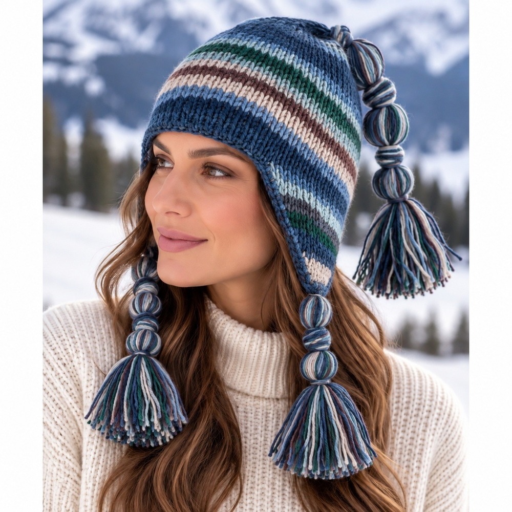 Nepal Hand Knitted Wool Earflap Hat Women OS Boho Gorpcore Fleece Lined Striped